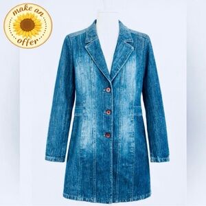 Halogen. Y2K. Long Faded Denim Jacket. Womens L. Free-Spirit. Vintage inspired.